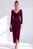 Dark Green Bodycon Velvet V-Neck Long Sleeves Mother of the Bride Dress with Slit