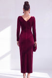 Dark Green Bodycon Velvet V-Neck Long Sleeves Mother of the Bride Dress with Slit