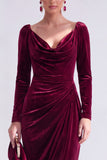 Dark Green Bodycon Velvet V-Neck Long Sleeves Mother of the Bride Dress with Slit