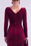 Dark Green Bodycon Velvet V-Neck Long Sleeves Mother of the Bride Dress with Slit