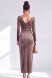 Dark Green Bodycon Velvet V-Neck Long Sleeves Mother of the Bride Dress with Slit