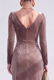 Dark Green Bodycon Velvet V-Neck Long Sleeves Mother of the Bride Dress with Slit