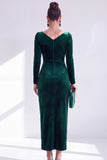 Dark Green Bodycon Velvet V-Neck Long Sleeves Mother of the Bride Dress with Slit
