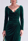 Dark Green Bodycon Velvet V-Neck Long Sleeves Mother of the Bride Dress with Slit