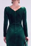 Dark Green Bodycon Velvet V-Neck Long Sleeves Mother of the Bride Dress with Slit