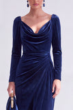 Dark Green Bodycon Velvet V-Neck Long Sleeves Mother of the Bride Dress with Slit
