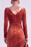 Dark Green Bodycon Velvet V-Neck Long Sleeves Mother of the Bride Dress with Slit