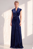 Dark Blue Velvet A-Line V-Neck Ruched Long Mother Of The Bride Dress