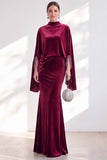 Burgundy Mermaid Velvet Beaded Long Sleeves Mother Of The Bride Dress