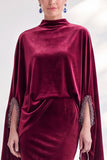 Burgundy Mermaid Velvet Beaded Long Sleeves Mother Of The Bride Dress