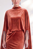 Burgundy Mermaid Velvet Beaded Long Sleeves Mother Of The Bride Dress