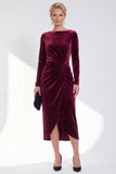 Navy Sheath Velvet Ruched Mother Of The Bride Dress with Back Zipper