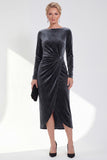 Navy Sheath Velvet Ruched Mother Of The Bride Dress with Back Zipper