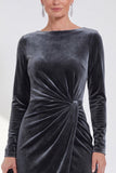 Navy Sheath Velvet Ruched Mother Of The Bride Dress with Back Zipper