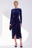 Navy Sheath Velvet Ruched Mother Of The Bride Dress with Back Zipper