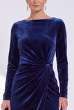Navy Sheath Velvet Ruched Mother Of The Bride Dress with Back Zipper