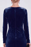 Navy Sheath Velvet Ruched Mother Of The Bride Dress with Back Zipper