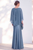 Navy Bateau Neck Sheath Velvet Mother Of The Bride Dress with Cape
