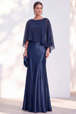 Navy Bateau Neck Sheath Velvet Mother Of The Bride Dress with Cape