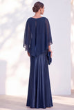 Navy Bateau Neck Sheath Velvet Mother Of The Bride Dress with Cape