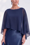 Navy Bateau Neck Sheath Velvet Mother Of The Bride Dress with Cape