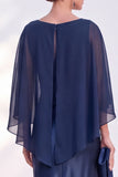Navy Bateau Neck Sheath Velvet Mother Of The Bride Dress with Cape