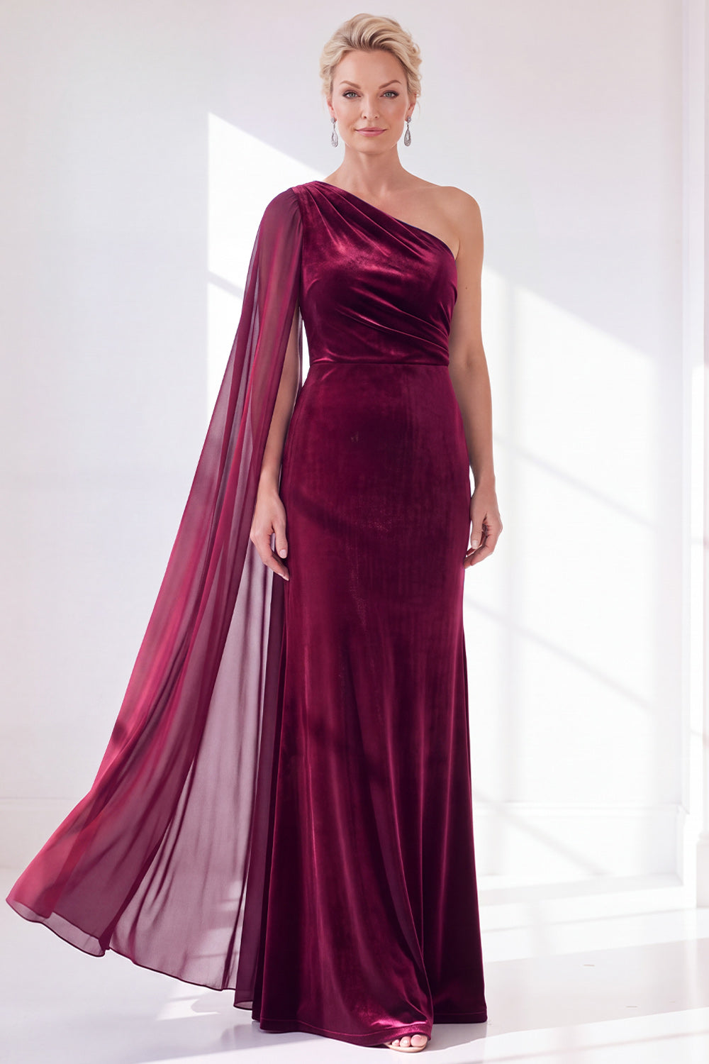 Zapaka Women Sheath One Shoulder Burgundy Mother Of The Bride Dress with Side Cape Ruched Velvet Long Formal Dress with Back Zipper – ZAPAKA