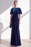 Dark Blue Sheath Ruched Velvet Mother Of The Bride Dress with Back Zipper