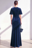 Dark Blue Sheath Ruched Velvet Mother Of The Bride Dress with Back Zipper