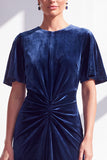 Dark Blue Sheath Ruched Velvet Mother Of The Bride Dress with Back Zipper