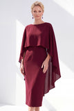 Navy Cape Sleeves Velvet Sheath Midi Mother Of The Bride Dress