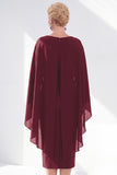 Navy Cape Sleeves Velvet Sheath Midi Mother Of The Bride Dress