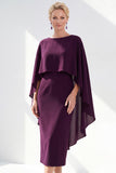 Navy Cape Sleeves Velvet Sheath Midi Mother Of The Bride Dress