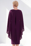 Navy Cape Sleeves Velvet Sheath Midi Mother Of The Bride Dress