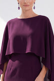 Navy Cape Sleeves Velvet Sheath Midi Mother Of The Bride Dress