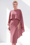 Navy Cape Sleeves Velvet Sheath Midi Mother Of The Bride Dress