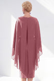 Navy Cape Sleeves Velvet Sheath Midi Mother Of The Bride Dress