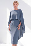 Navy Cape Sleeves Velvet Sheath Midi Mother Of The Bride Dress