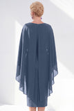 Navy Cape Sleeves Velvet Sheath Midi Mother Of The Bride Dress
