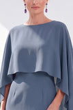 Navy Cape Sleeves Velvet Sheath Midi Mother Of The Bride Dress