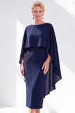 Navy Cape Sleeves Velvet Sheath Midi Mother Of The Bride Dress