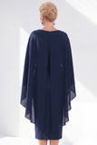 Navy Cape Sleeves Velvet Sheath Midi Mother Of The Bride Dress