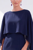 Navy Cape Sleeves Velvet Sheath Midi Mother Of The Bride Dress