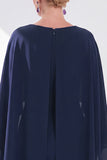 Navy Cape Sleeves Velvet Sheath Midi Mother Of The Bride Dress