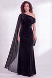 Dark Blue Sheath Ruched One Shoulder Mother Of The Bride Dress with Side Cape