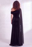 Dark Blue Sheath Ruched One Shoulder Mother Of The Bride Dress with Side Cape