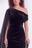 Dark Blue Sheath Ruched One Shoulder Mother Of The Bride Dress with Side Cape