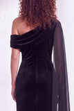 Dark Blue Sheath Ruched One Shoulder Mother Of The Bride Dress with Side Cape