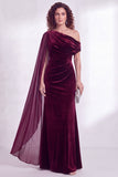 Dark Blue Sheath Ruched One Shoulder Mother Of The Bride Dress with Side Cape