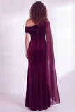 Dark Blue Sheath Ruched One Shoulder Mother Of The Bride Dress with Side Cape